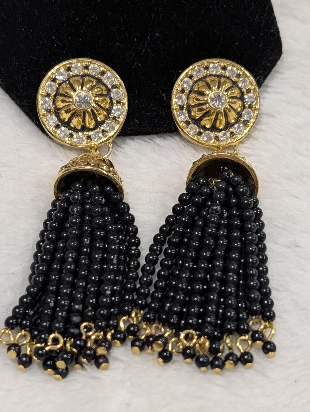 Vintage Signed Avon Gold Tone Black Bead Tassel Clip On Earrings Rhinestones